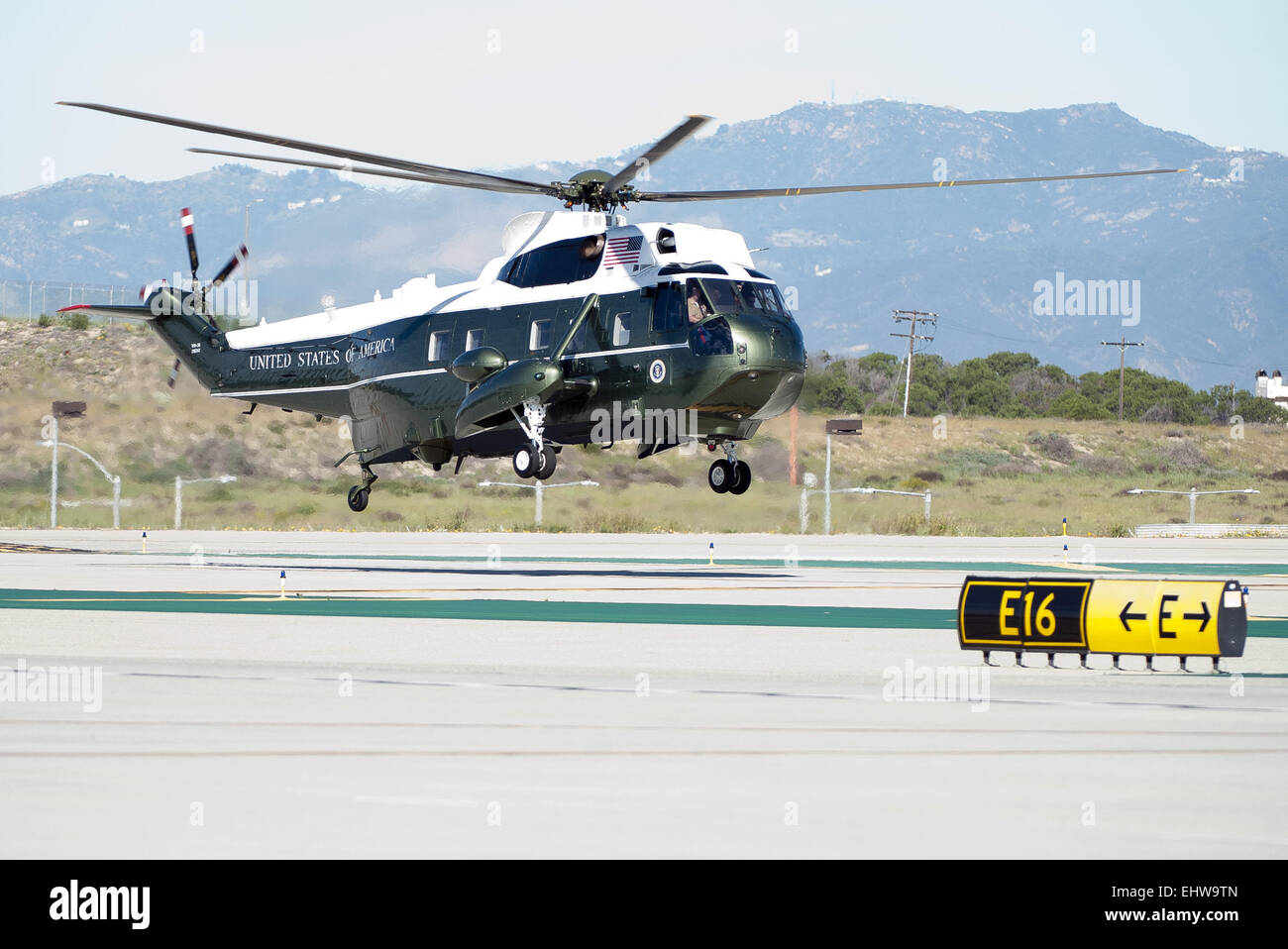 Los Angeles, California, USA. 13th Mar, 2015. Sikorsky's SH-3 Sea King helicopter has been in use by the US Marine Corps' HMX-1 squadron as the first choice for Marine One since not long after it was placed in service by the US Navy in 1961. The familiar metallic green with white top Sea King is transported, along with the presidential limousine and other large equipment via a set of several C-17 Boeing Globemaster or C-5 Galaxy transport aircraft operated by the US Air Force. US Navy specifications allow for the rotors to fold back as well as the tail to save space in shipboard situations. Stock Photo