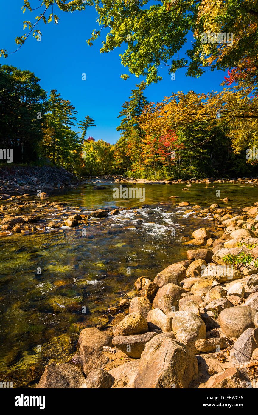 Autumn color along the Saco River in Conway, New Hampshire. Stock Photo