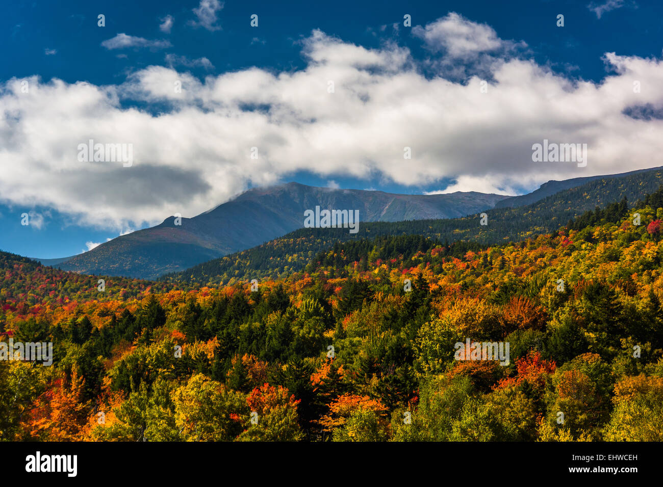 Autumn color and view of the Presidential Range in White Mountain National Forest, New Hampshire. Stock Photo