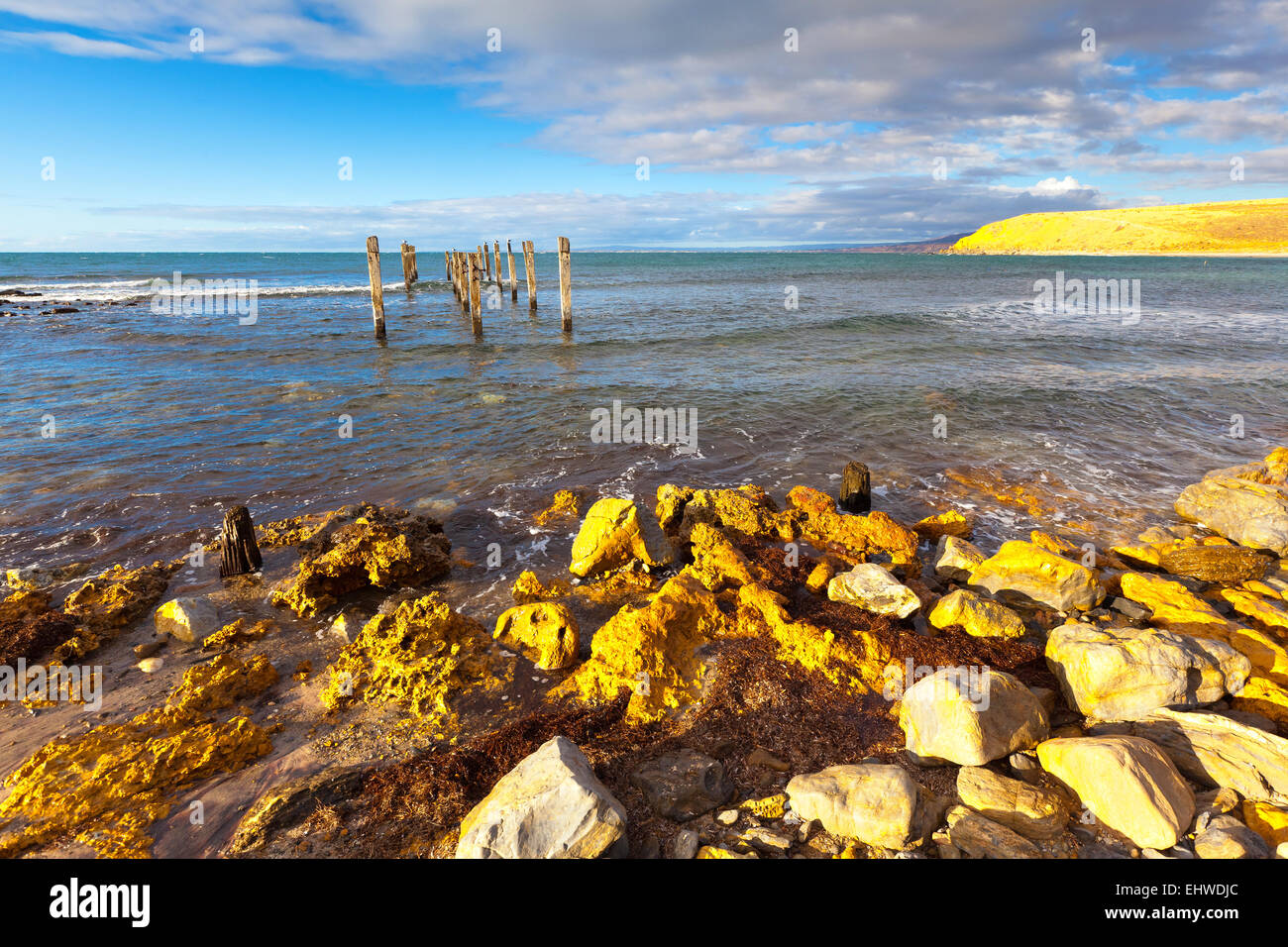jetty ruins rocks coast coastal seascape seascapes coastline Myponga Beach Fleurieu Peninsula South Australia Australian Stock Photo