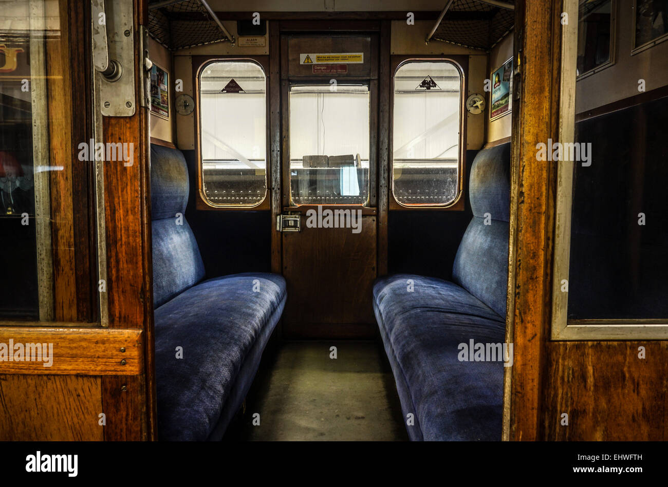 Old British railway carriage compartment interior view. Taken at Oxenhope railway depot, England, Aug 2014 Stock Photo