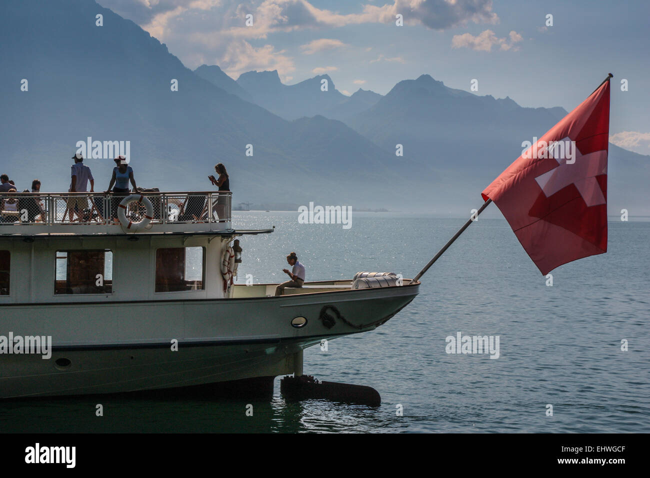 A boat on the shores of Lake Geneva, Switzerland, which ferries