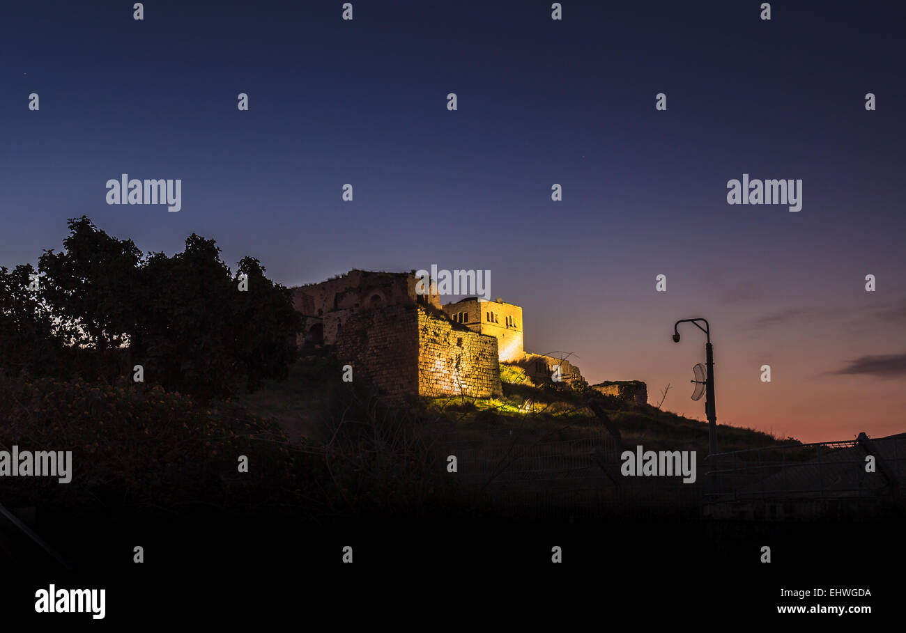 Dawn in Rosh Haayin, Israel Ruins of Mirabel, a Crusader castle, built on the site of ancient Migdal Afek. Stock Photo