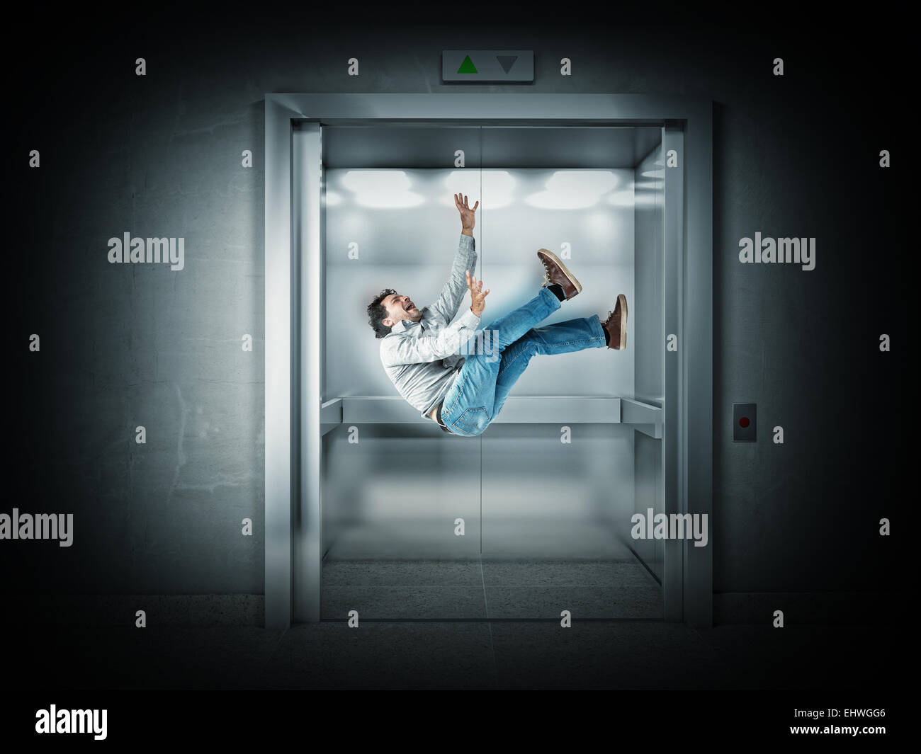 falling man and 3d elevator Stock Photo