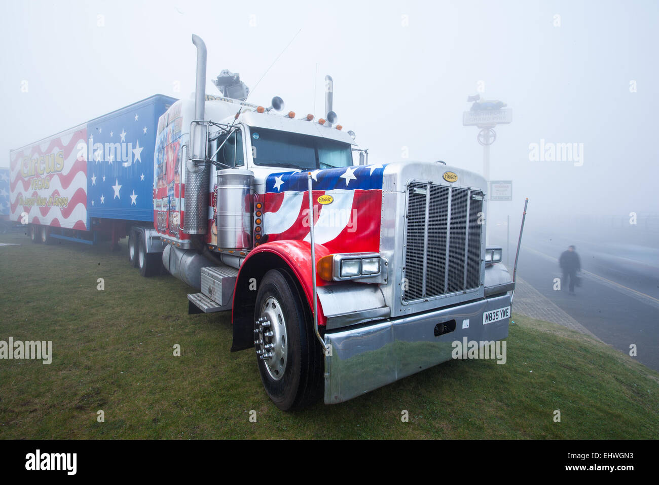 Uncle Sam's American Circus, Custom Painted truck and cab from  USA Peterbilt Trucks in Southport, Merseyside, UK March, 2015.    The all-human circus spectacular, owned by Show Directors John Courtney and Stephen Courtney trading as Circus Vegas has arrived in Southport. The travelling show produced by the famous Uncle Sam's Great American Circus tours for ten months a year.  It is an Irish organisation, a star-spangled selection of Americana. US, Kenworth heavy-duty vehicles and Peterbilt HGV art monster decorated trucks look the part when they roll into town, Stock Photo