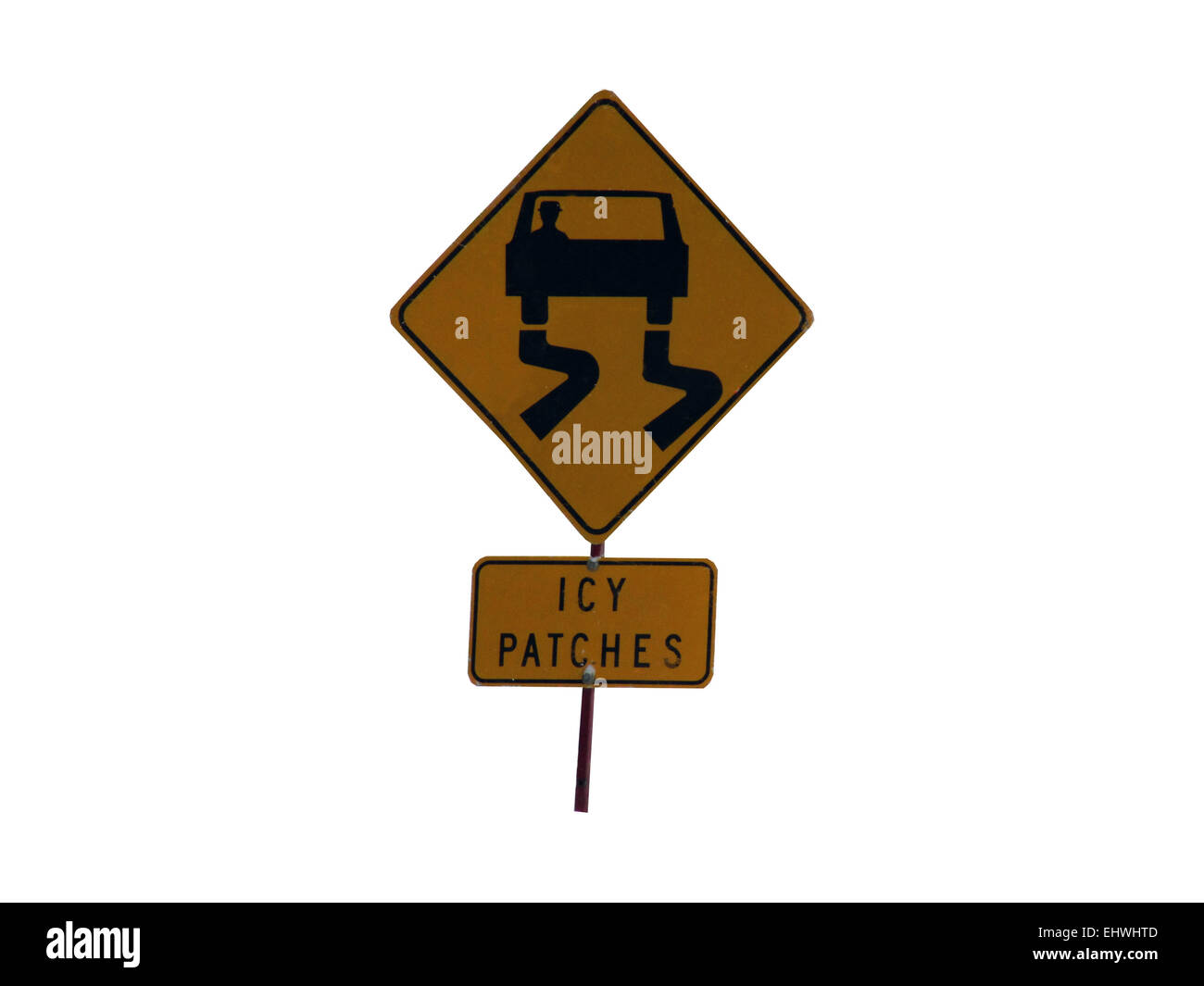 Icy patches road warning sign Stock Photo