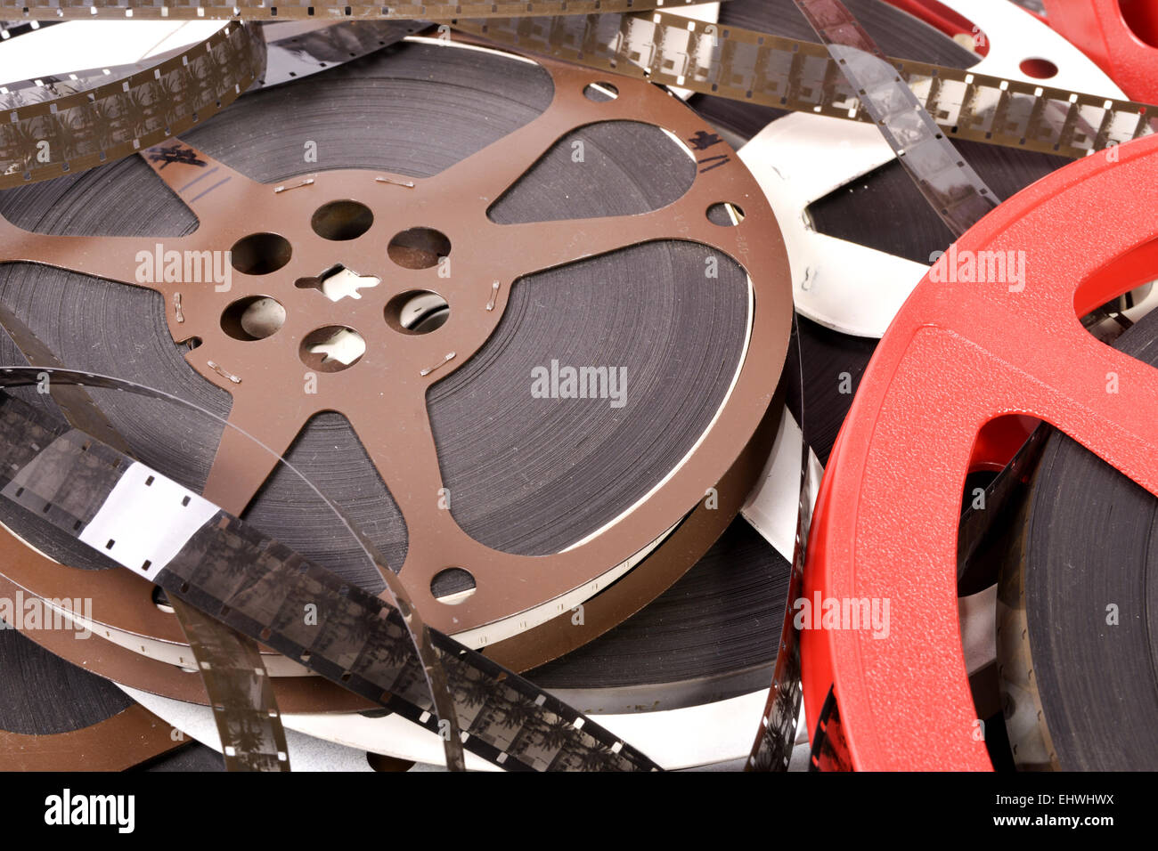 16mm movie files with films reels Stock Photo