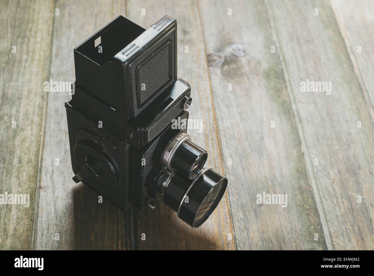 Closeup of old style photographic camera; medium format 6x6 cm. Stock Photo
