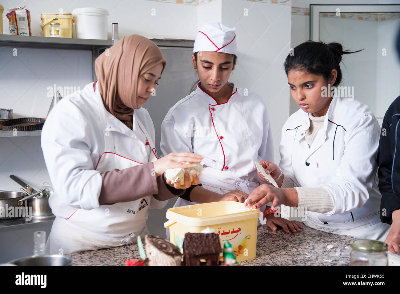 TUNISIA, TUNIS: Students at at Tunis' Tourism School learn cooking, baking, waitering and also have classroom lessons. Stock Photo