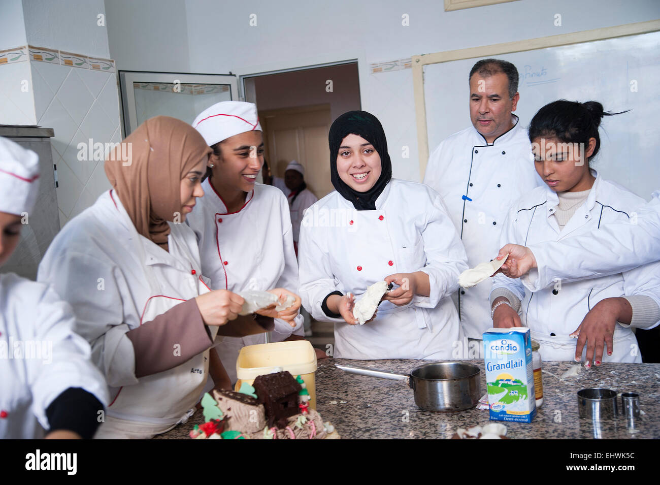 TUNISIA, TUNIS: Students at at Tunis' Tourism School learn cooking, baking, waitering and also have classroom lessons. Stock Photo