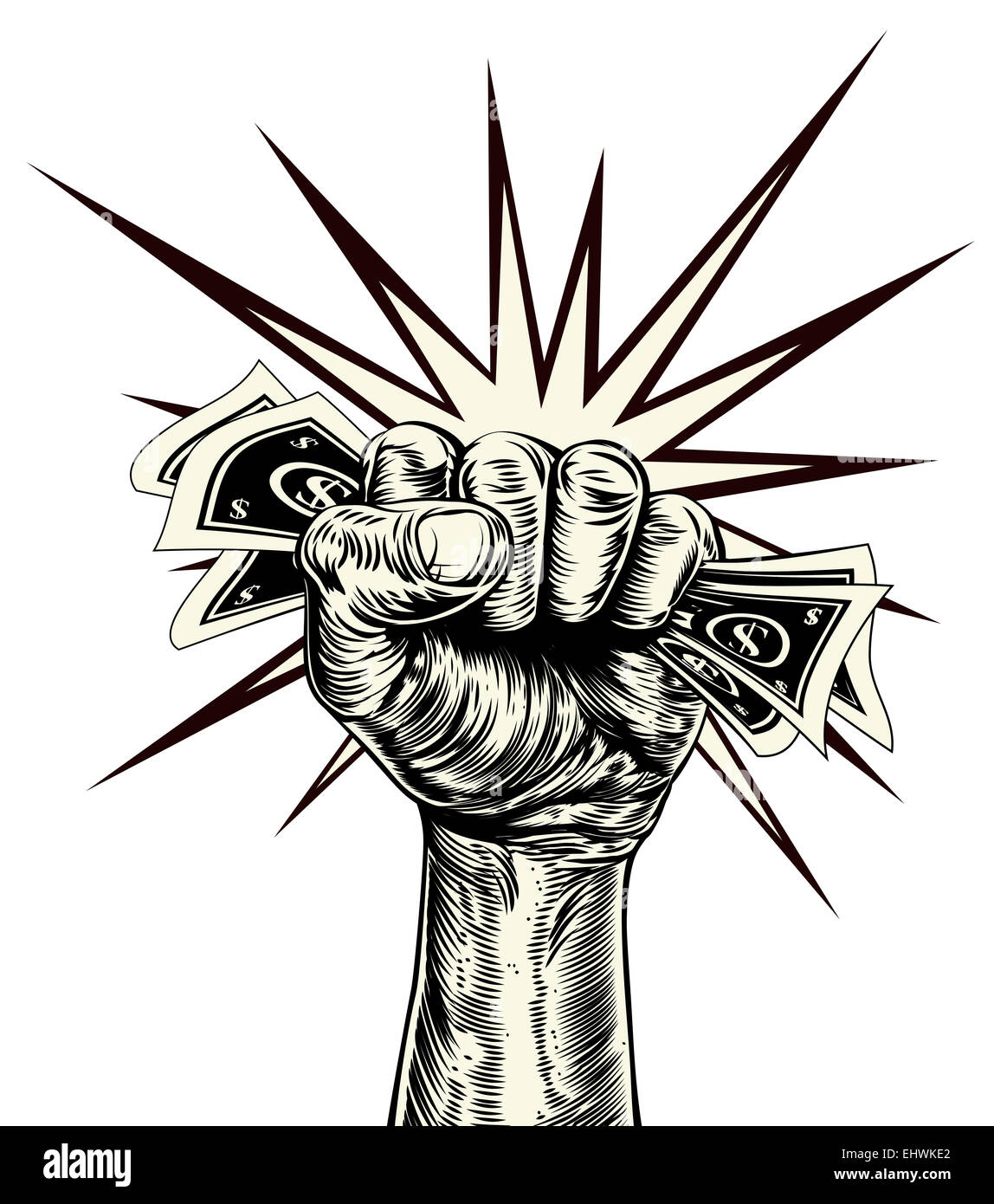 An original illustration of a dynamic fist holding money in a vintage wood cut propaganda style Stock Photo