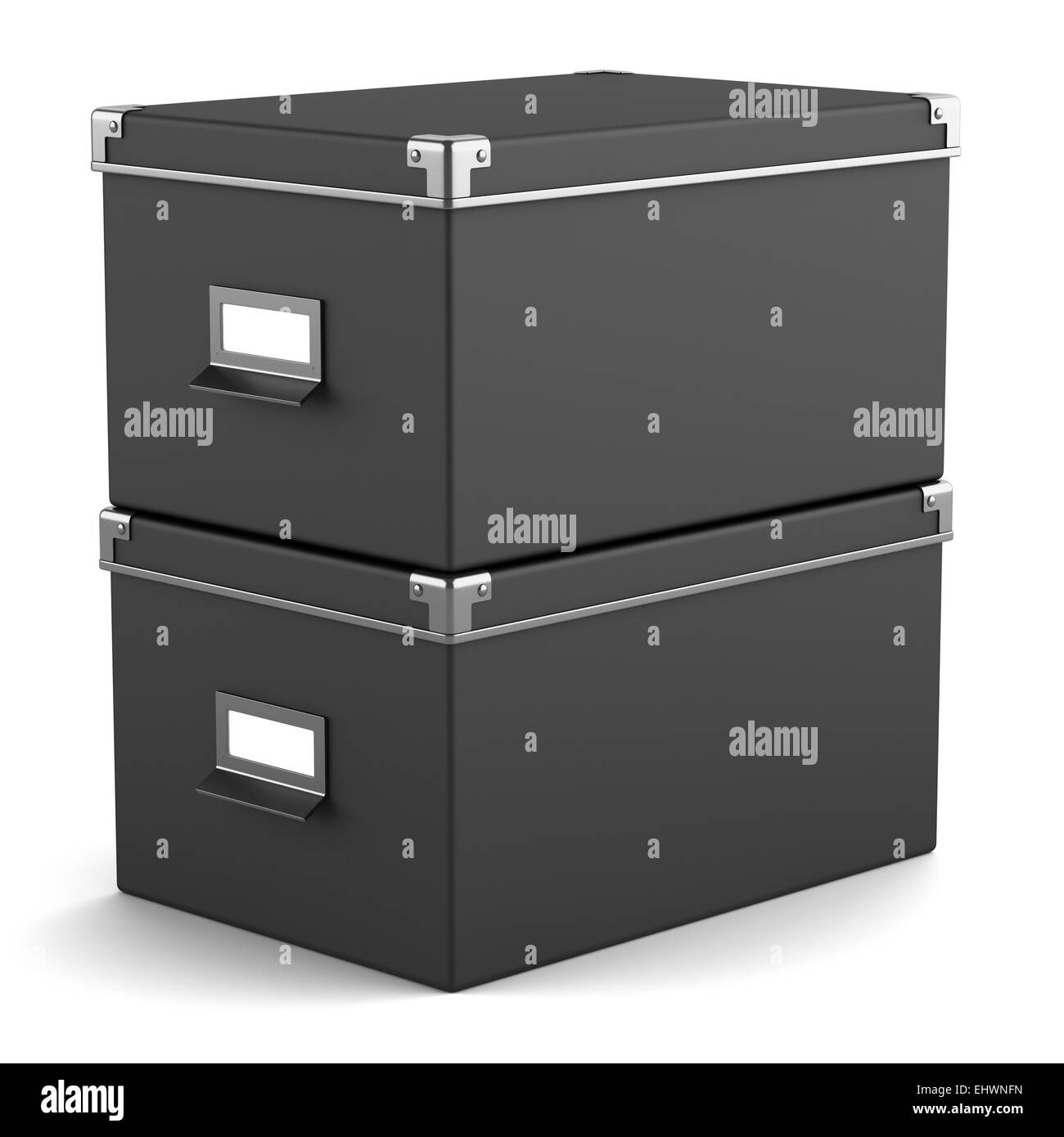 two black office cardboard boxes isolated on white background Stock