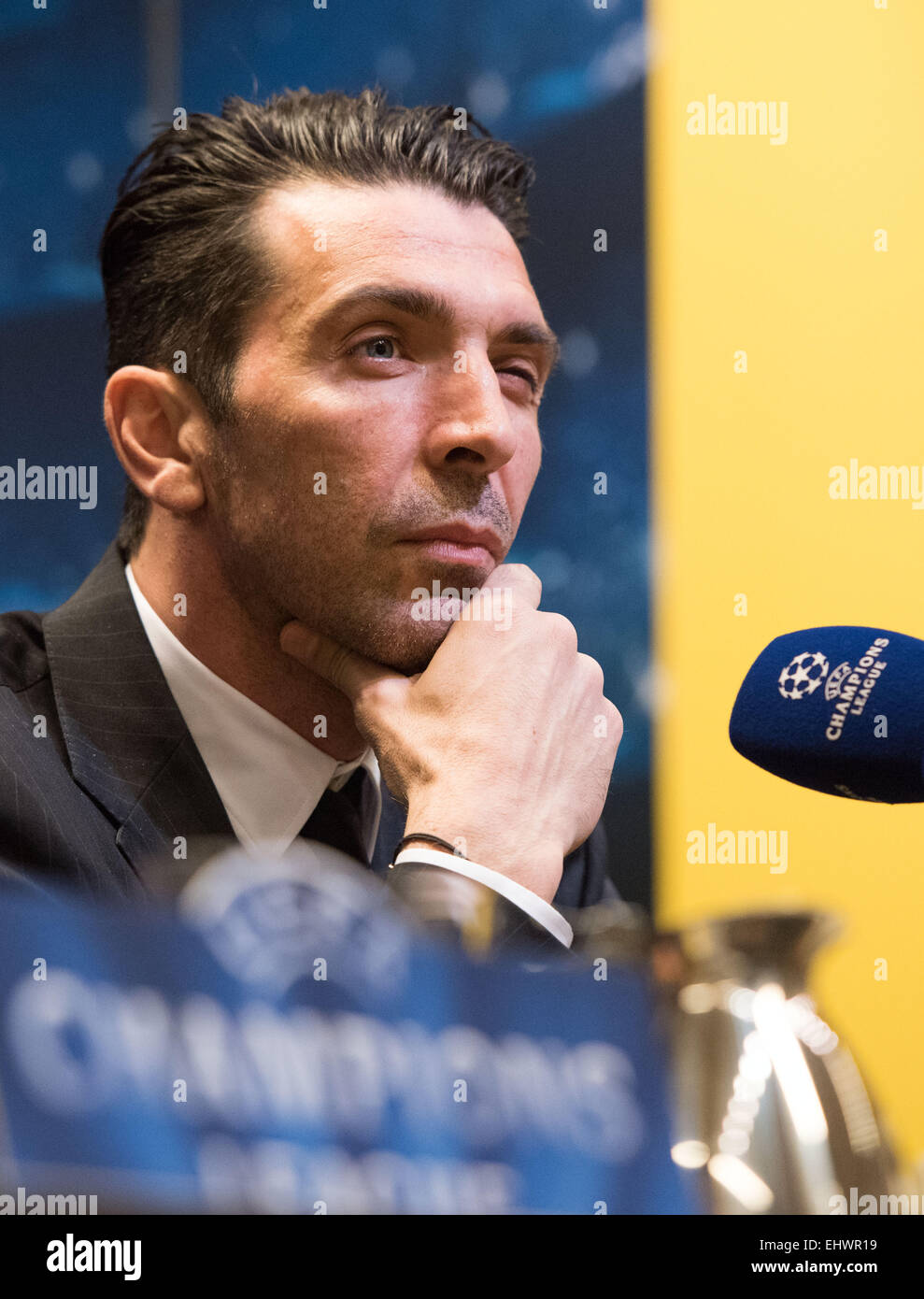 Juventus Turin's goalkeeper Gianluigi Buffon  speaks during a press conference  of Borussia Dortmund in Drtomuind, Germany, 17 March 2015. Borussia Dortmund will play against Juventus Turin in the Champions League Round of Sixteen soccer match on 18 March 2015. Photo:  Bernd Thissen/dpa Stock Photo