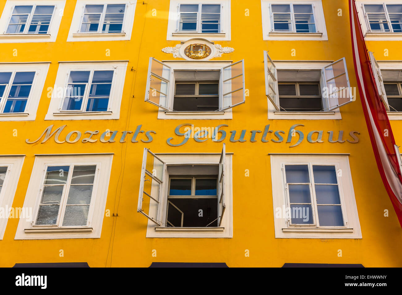 Austria, Salzburg, facade of Mozart's birth house at historic old town ...