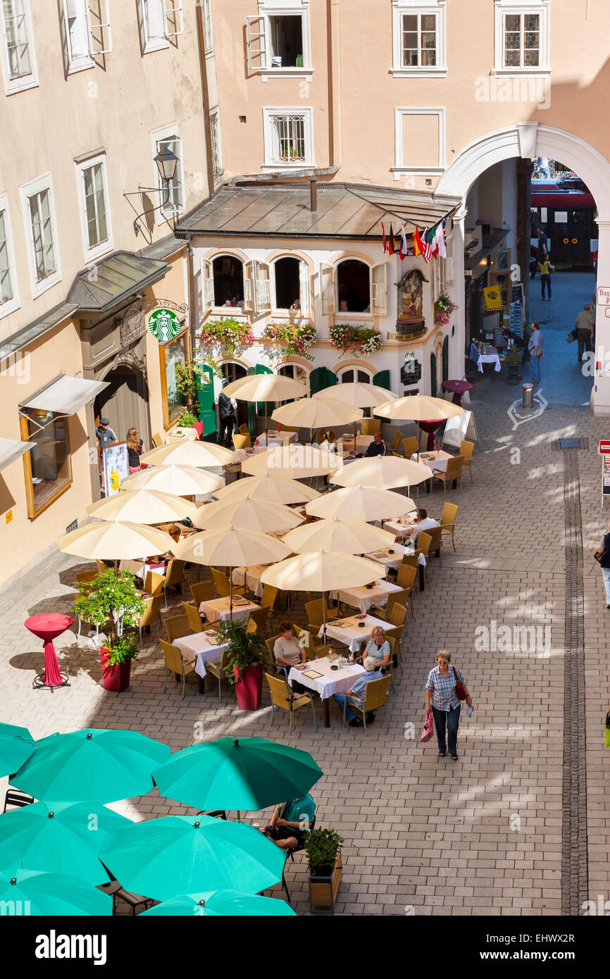 Austria, Salzburg, Hagenauer Platz with pavement cafe at historic old town Stock Photo