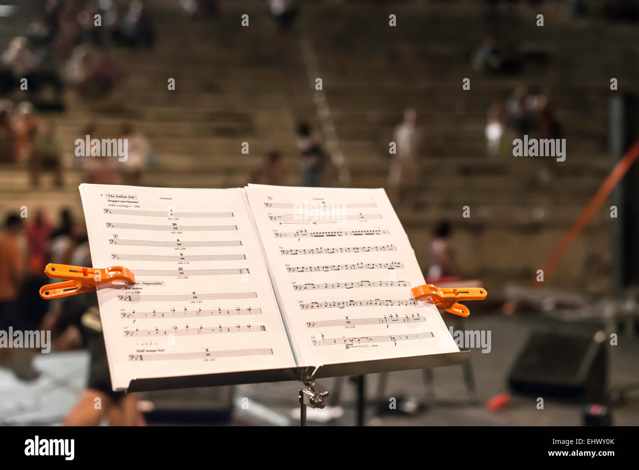 Bulgaria, music book with notes on music stands Stock Photo