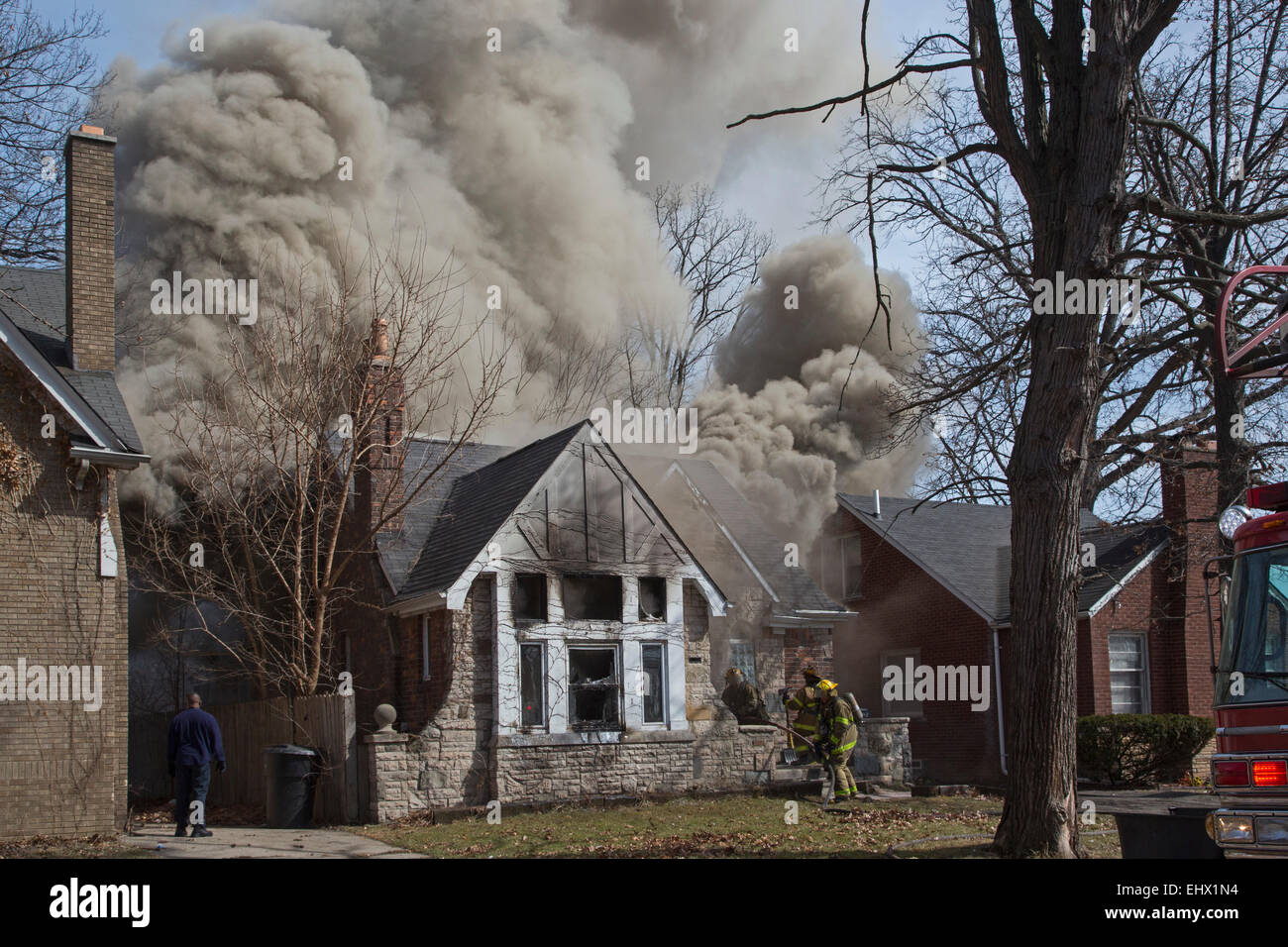 Detroit, Michigan Firefighters battle a fire which destroyed a vacant