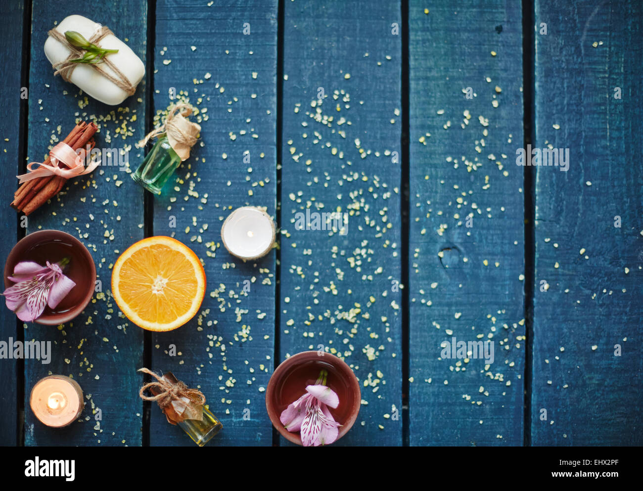 High angle view of table with objects for aromatherapy Stock Photo - Alamy