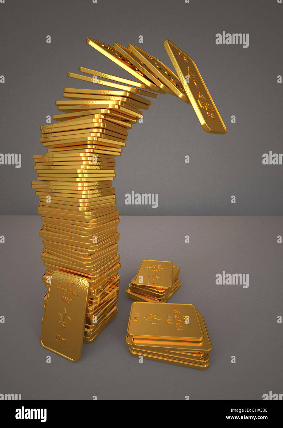 3D Rendering, Falling stack of gold bars Stock Photo