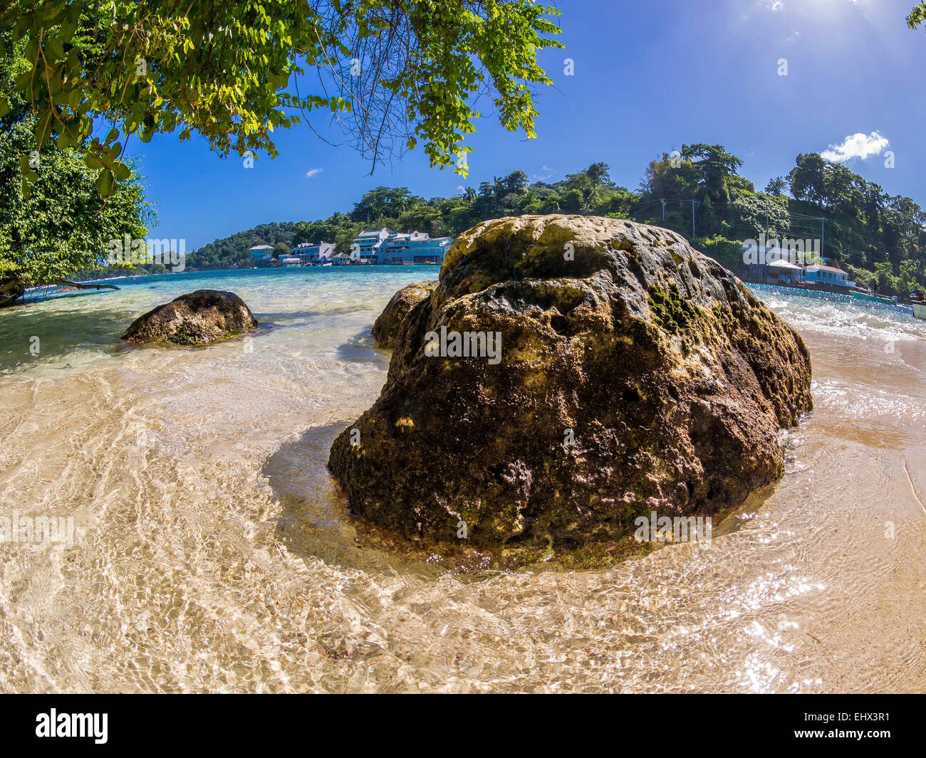 Caribbean, Greater Antilles, Jamaica, Portland Parish, Port Antonio, View from Pellew Island to blue lagoon Stock Photo