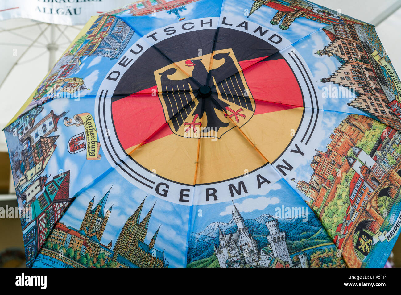 Germany, umbrella with representations of German landmarks Stock Photo