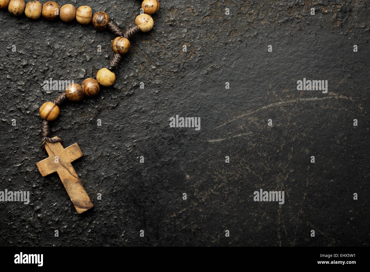 Rosary Beads On Old Black Background Stock Photo Alamy