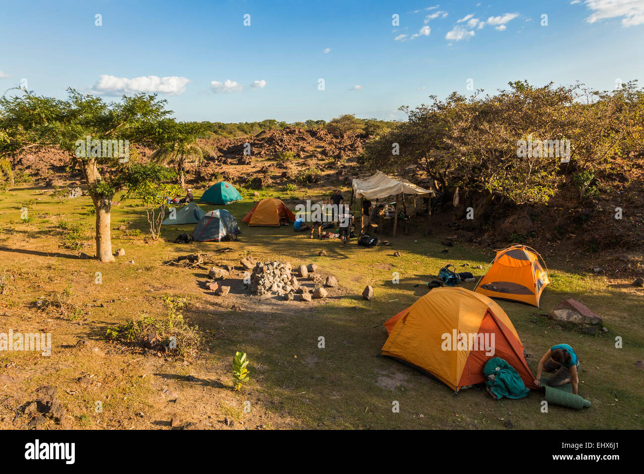 Hikers camped at the summit of active Volcano Telica, a popular tour from the NW city of Leon; Leon, Nicaragua Stock Photo