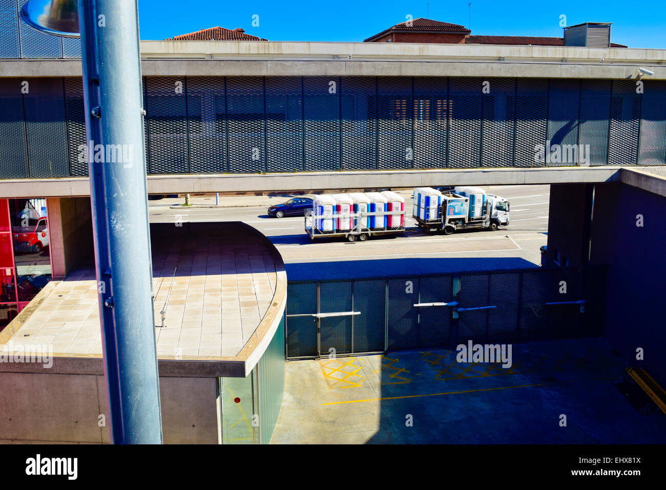 Truck transporting mobile toilet. Barcelona,Catalonia,Spain Stock Photo