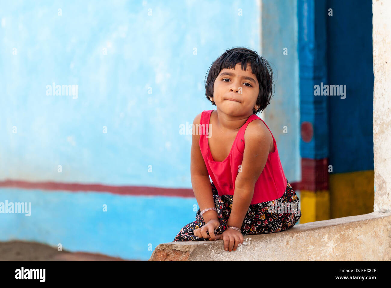 Portrait of an Indian naughty kid from rural place. Stock Photo