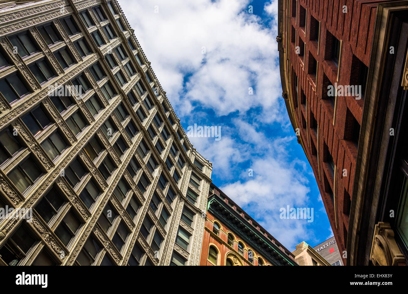 Looking up at old architecture in Boston, Massachusetts. Stock Photo