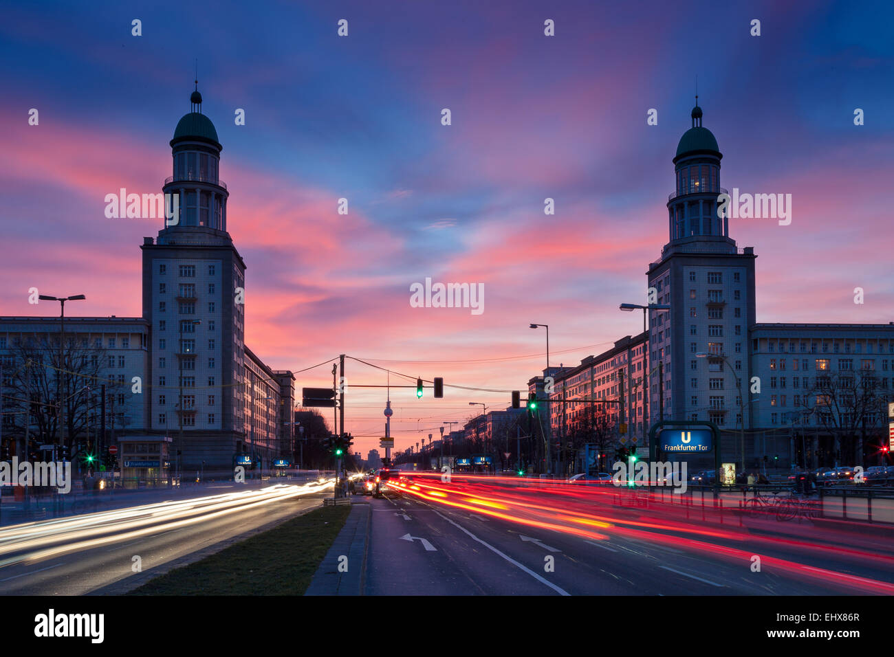 Karl Marx Allee street at Frankfurter Tor gate, Berlin, Germany Stock Photo