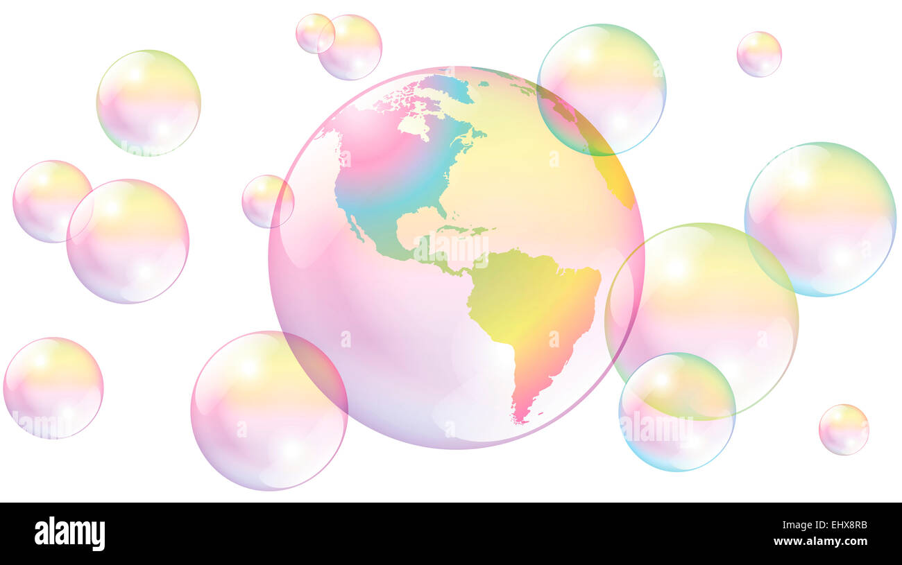 Planet earth as a vulnerable soap bubble amidst other soap bubbles. Stock Photo