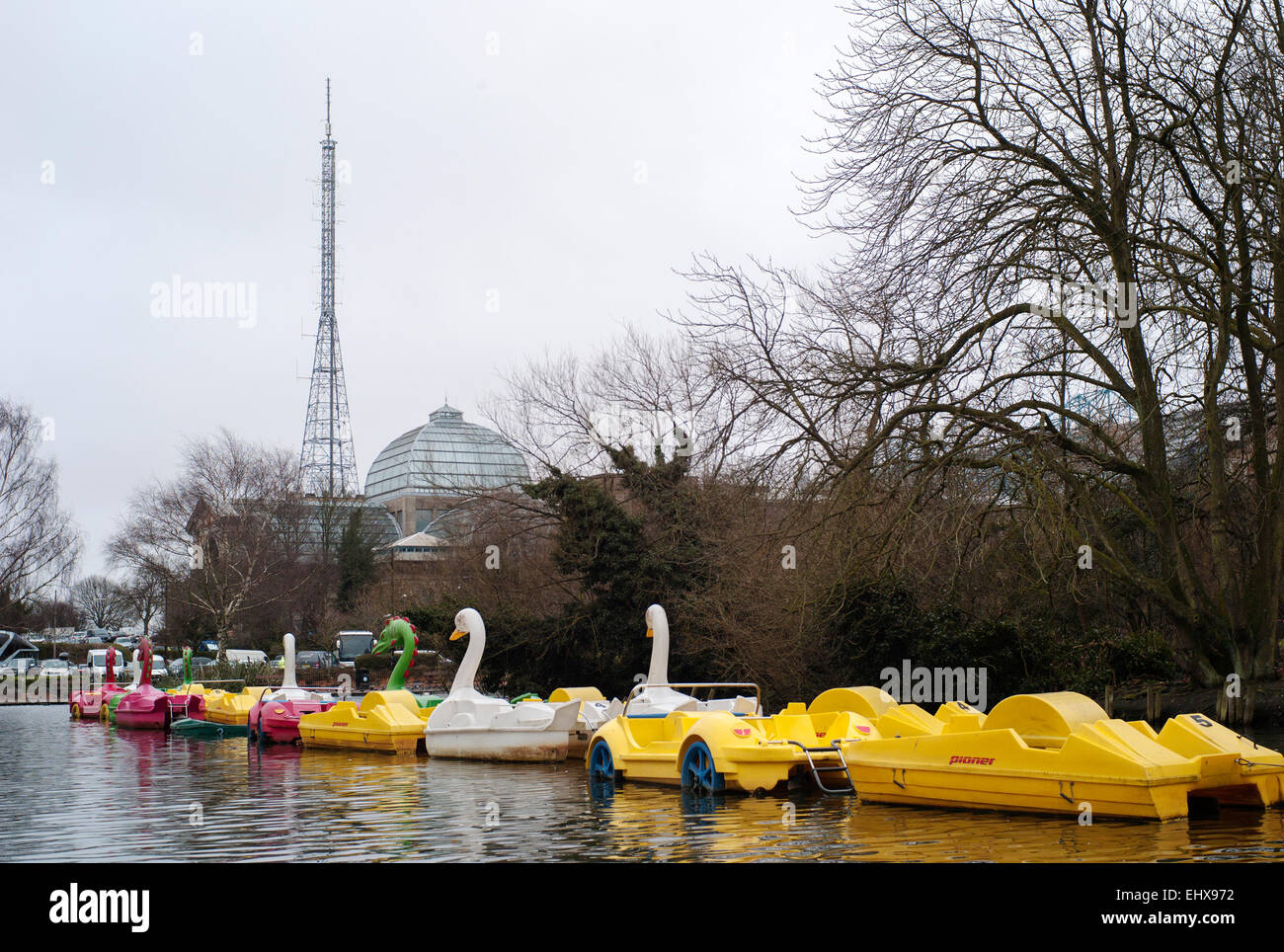 Boating Lake , swan and Pedalo rides with Alexandra Palace and the BBC Tower and Transmitter Mast in background Stock Photo