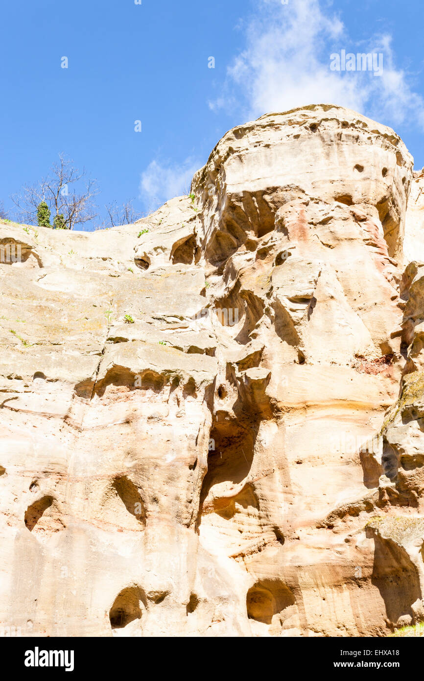 Sandstone rock. Detail from the bunter sandstone cliffs on southern edge of Castle Rock, Nottingham, England, UK Stock Photo