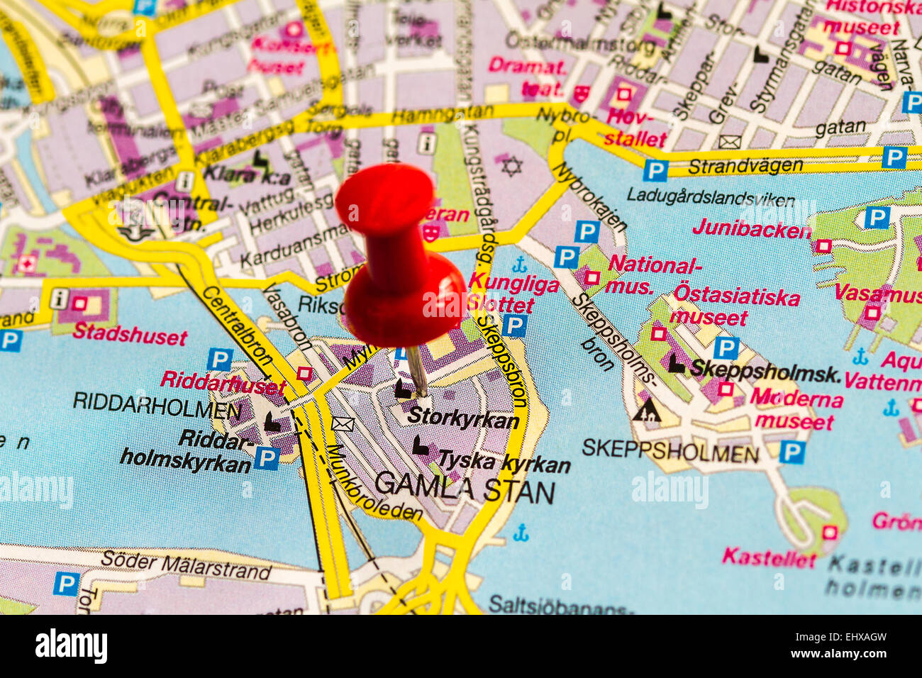 A red pushpointer pointing at Stockholm. Stock Photo