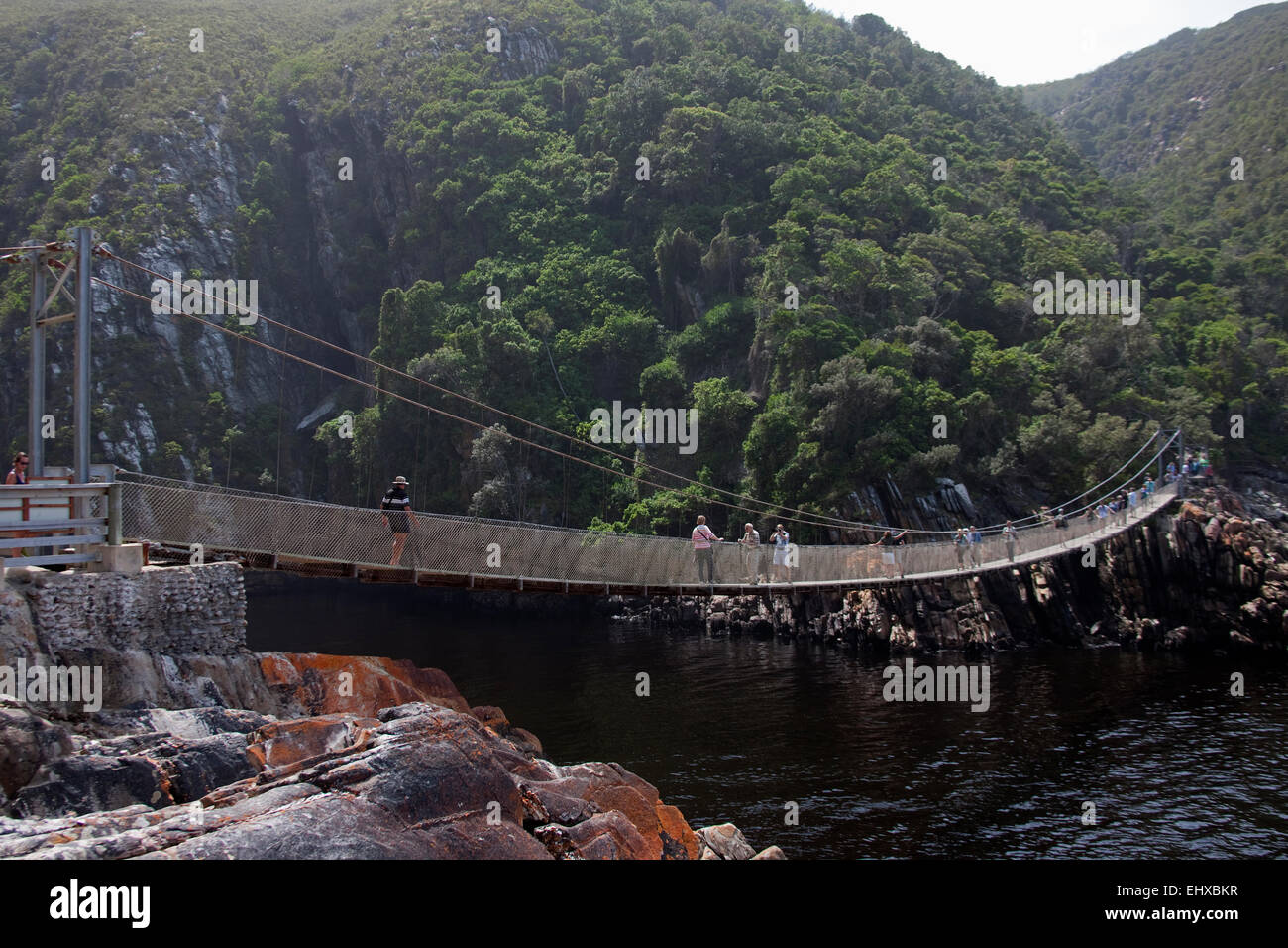 Suspension bridge over the mouth of storms river, Tsitsikamma National Park, South Africa Stock