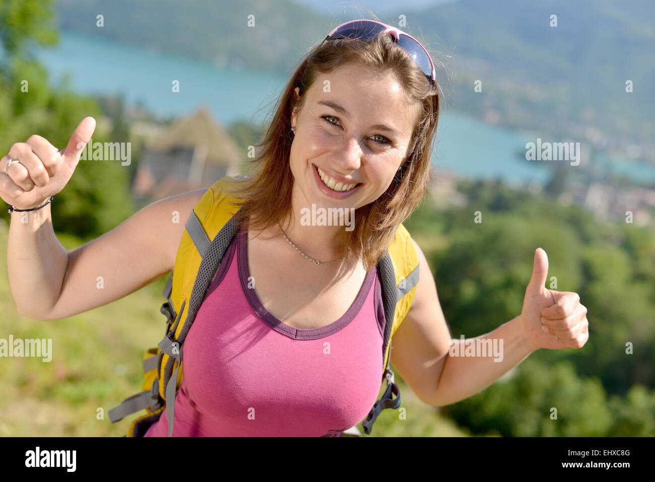 pretty young woman is hiking in the Franch Alps Stock Photo - Alamy