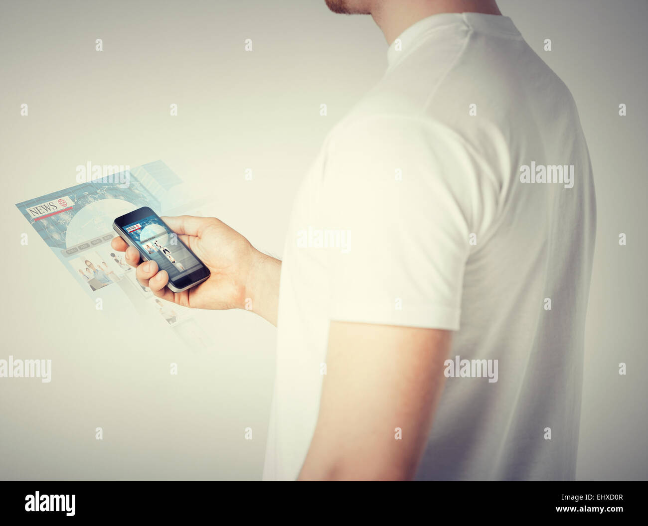 man with smartphone reading news Stock Photo
