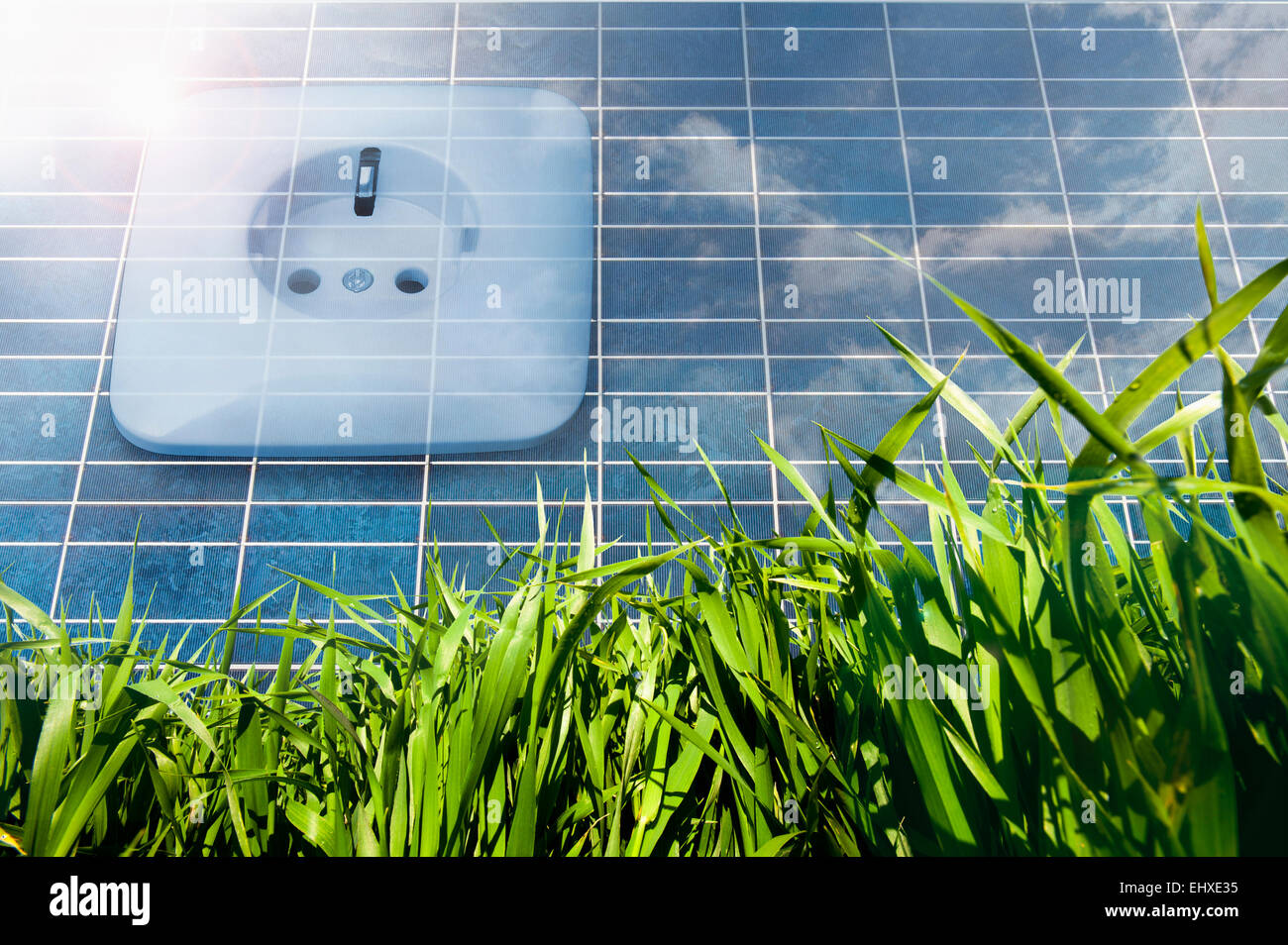 Solar panel with power socket representing environmental conservation, Bavaria, Germany Stock Photo