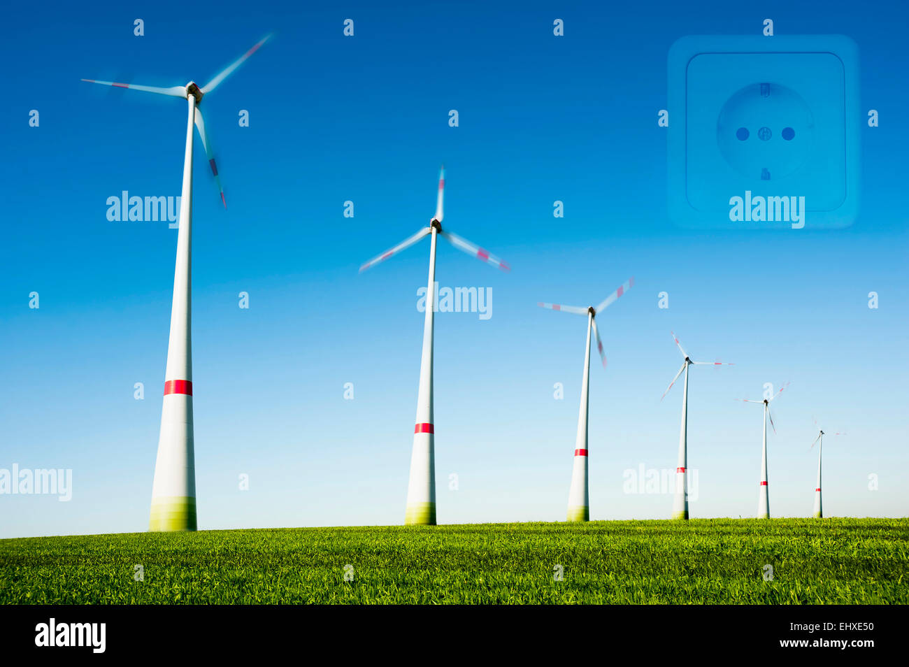 Spinning wind turbines in windfarm, Bavaria, Germany Stock Photo