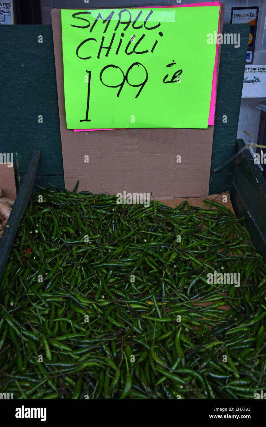 A sign at an Indian supermarket in Jackson Heights Queens New York with a misspelled word. Stock Photo