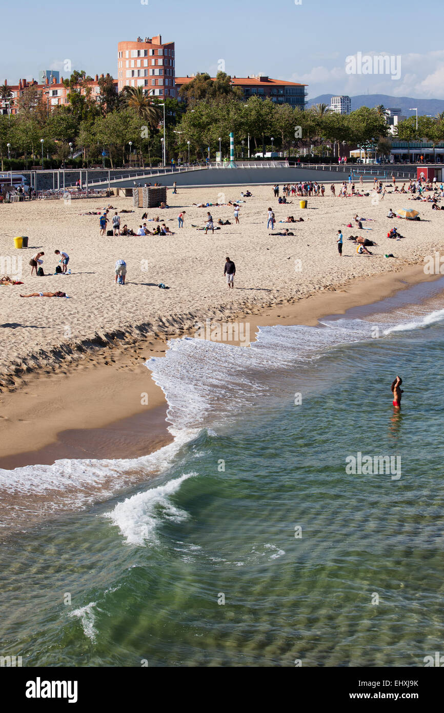 Beach of barcelona tourists hires stock