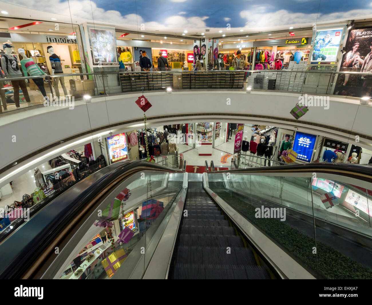 Escalator inside shopping mall in Shanghai, China, Asia Stock Photo