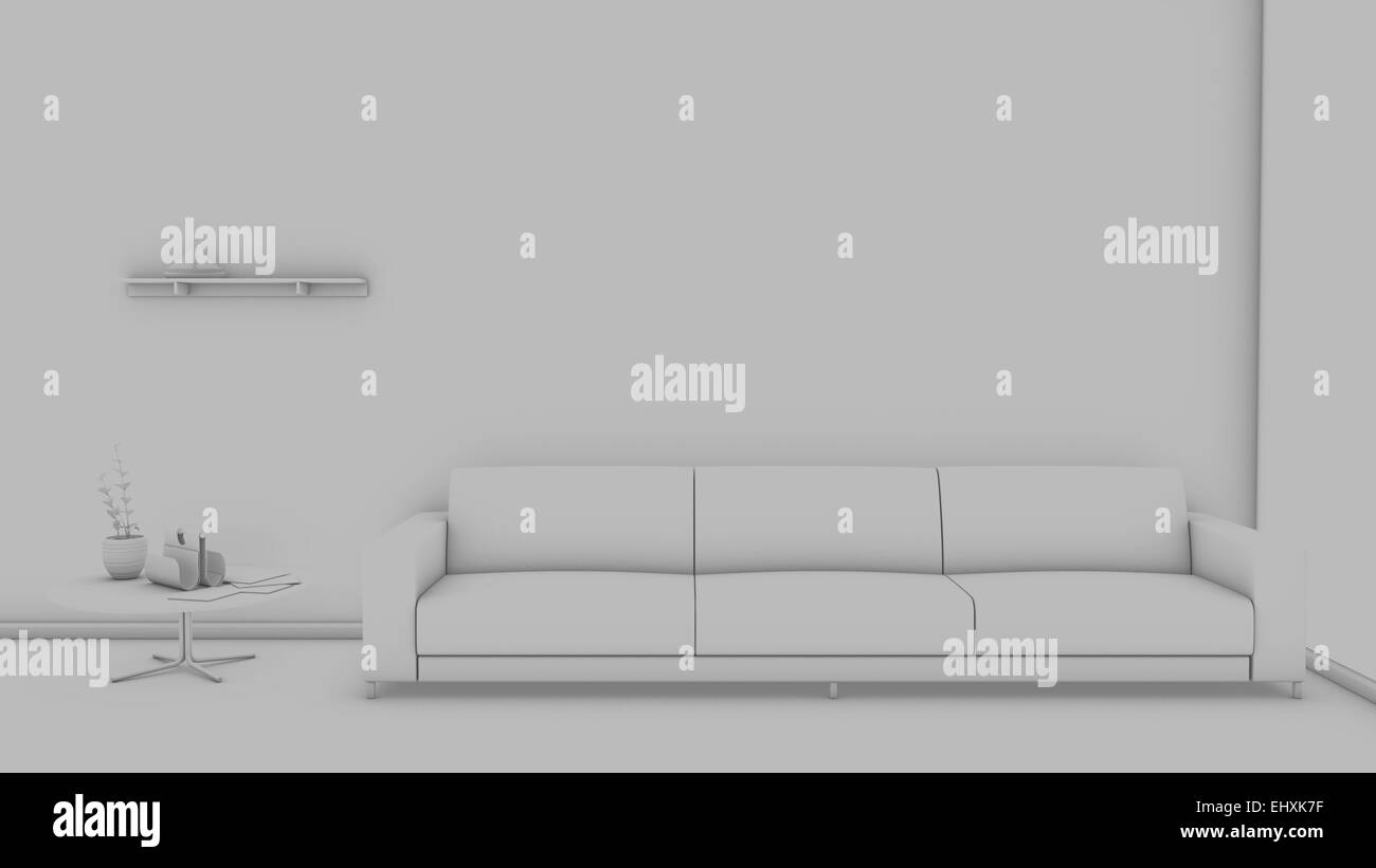 Front view of an interior rendering of a living room without textures ...