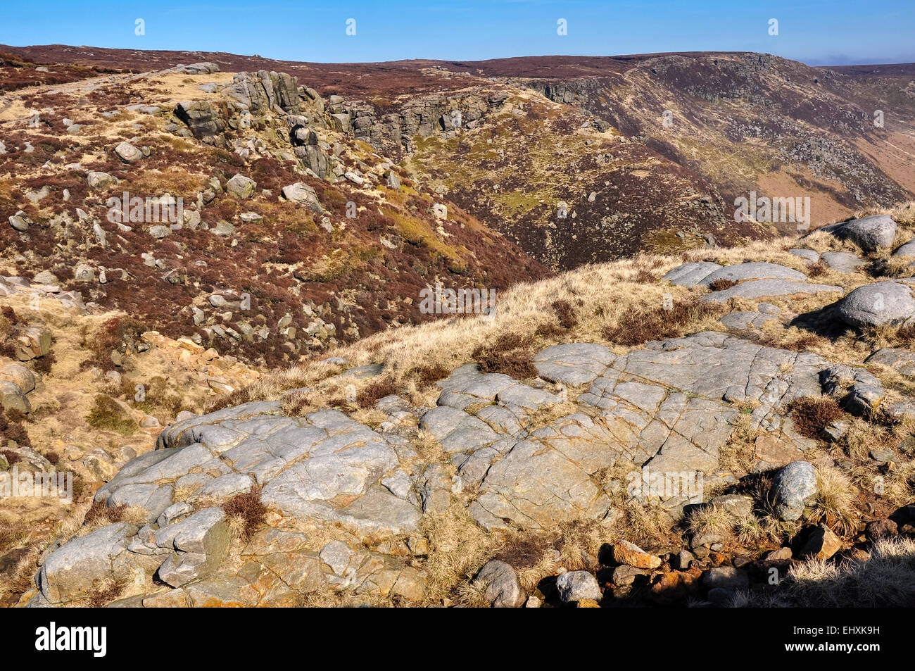 Rock above Grindsbrook Clough on the edge of Kinder Scout in the Peak District. A sunny spring morning. Stock Photo