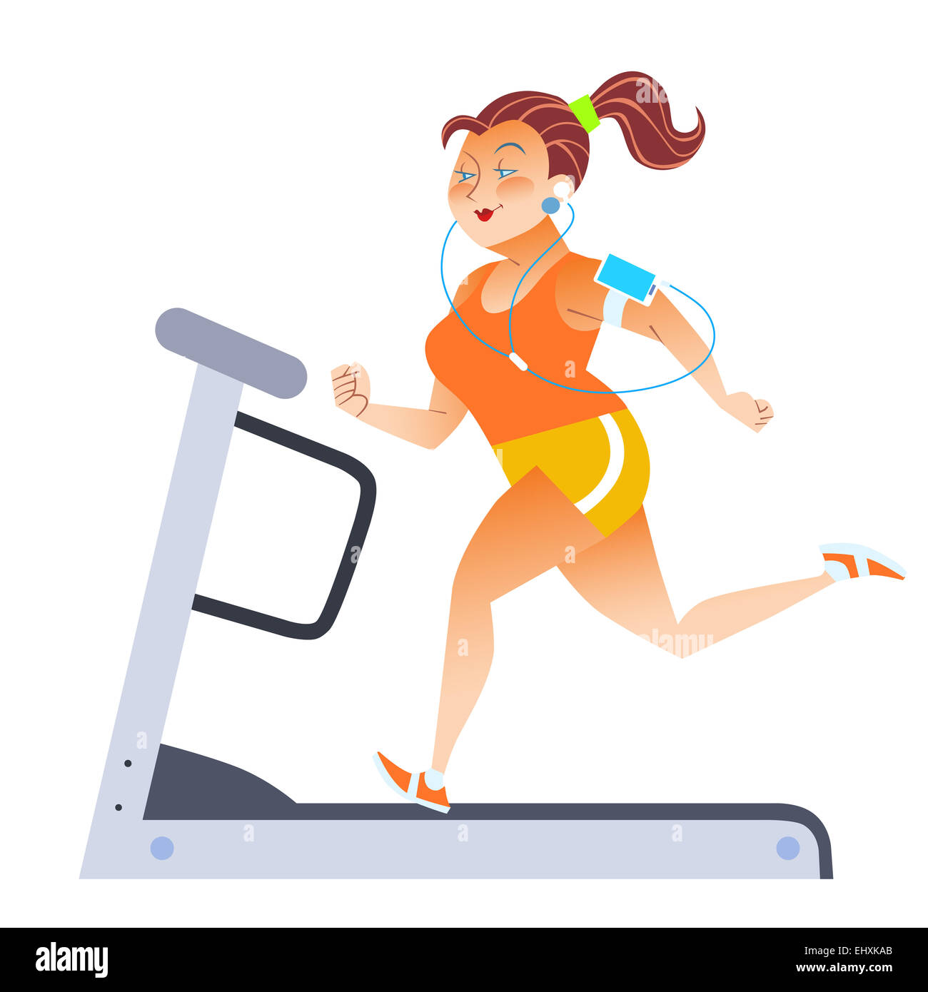 Fat woman on sport stationary treadmill. Girl listening to music Stock Photo