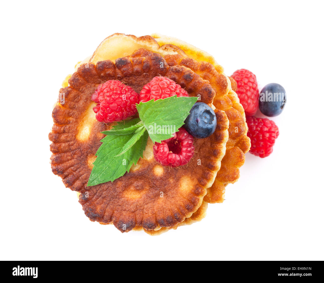 Pancakes Raspberry Blueberries Mint Pancakes with raspberry and blueberry. Isolated on white background ...