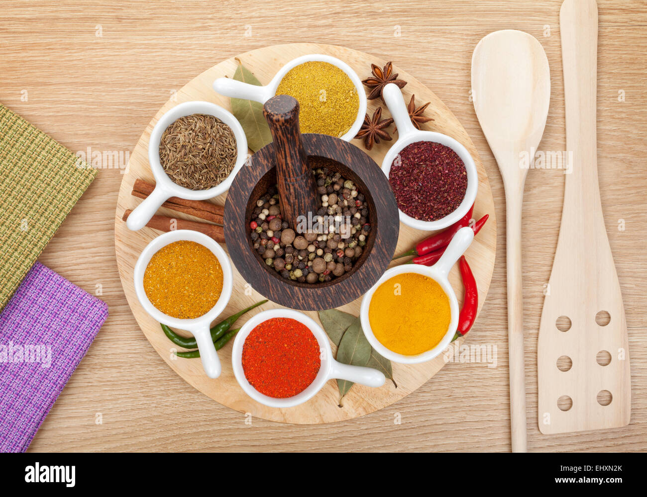Various spices selection on wooden table Stock Photo