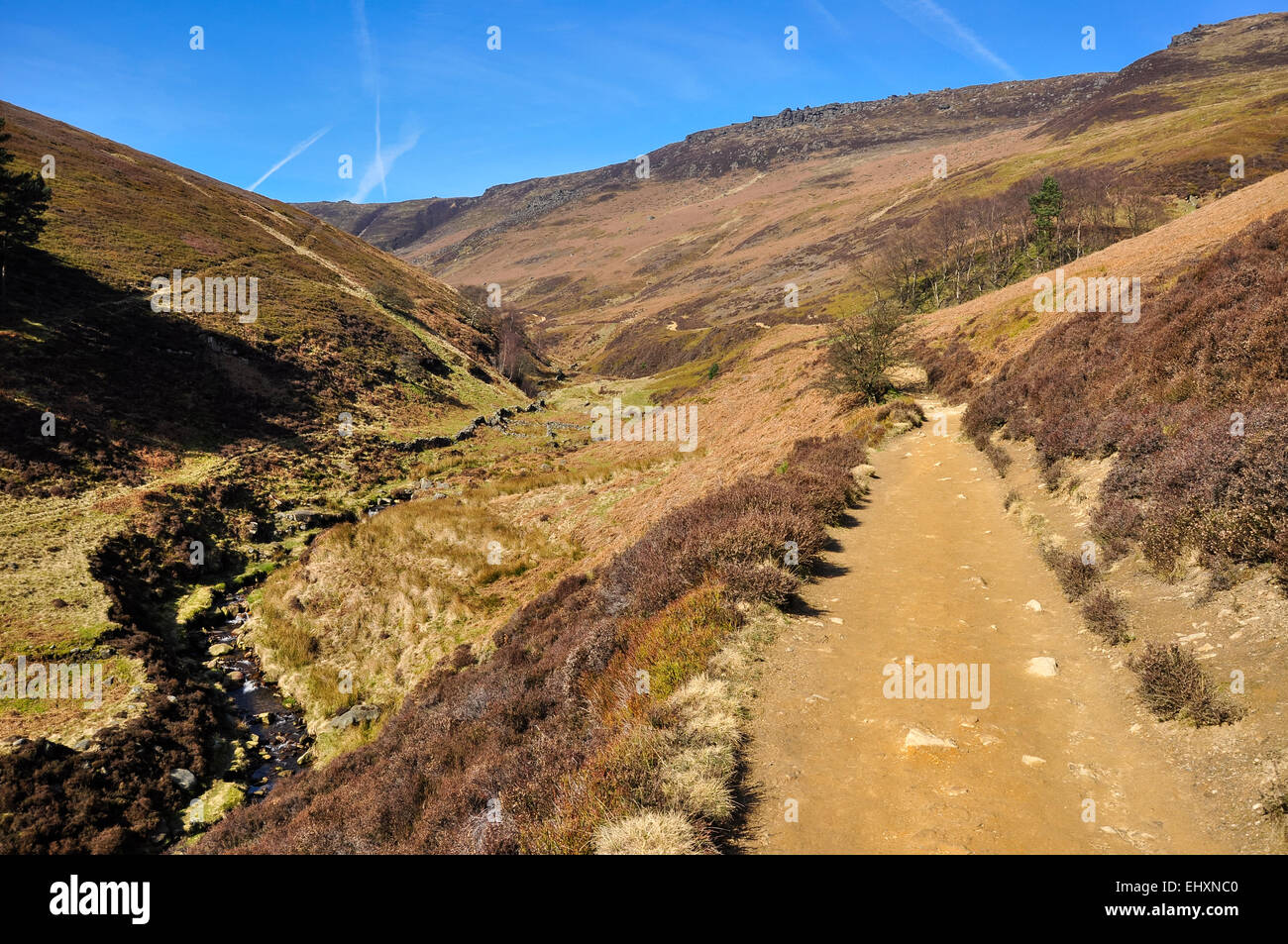 Grindsbrook Clough in the Peak District, Derbyshire on a sunny spring day. Stock Photo