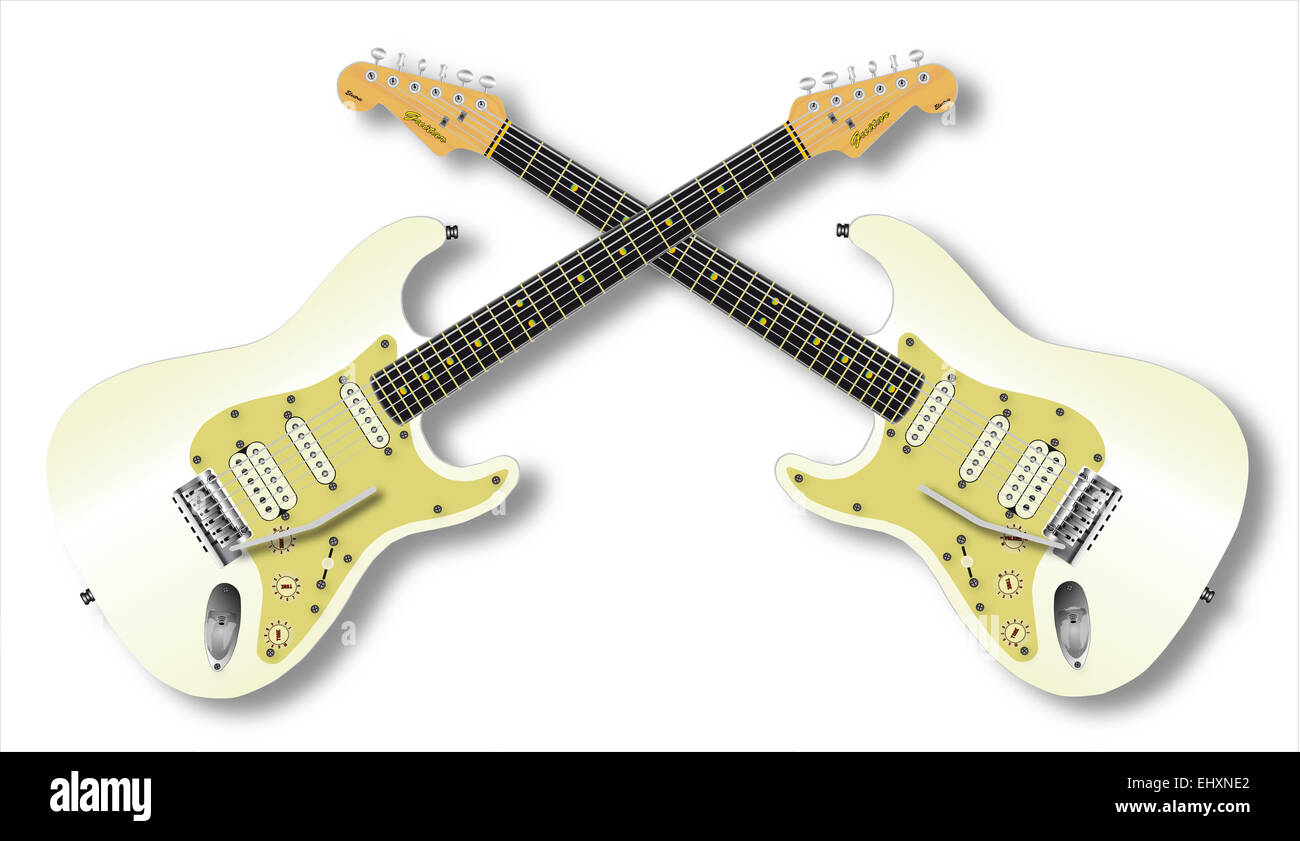 Two solid body electric guitar isolated over a white background one right and one left handed Stock Photo